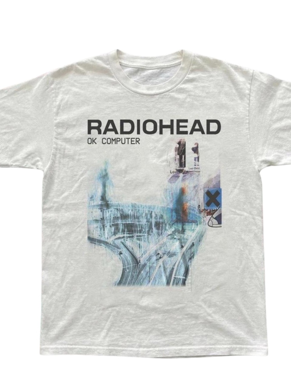 Radiohead OK Computer Graphic Tee - Gildan White with Blue Print